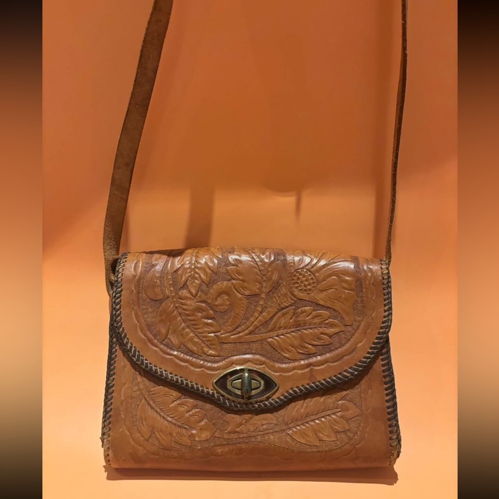 VNTG 1940's, Hand Tooled, Brown Leather Bag, Western Style- Floral